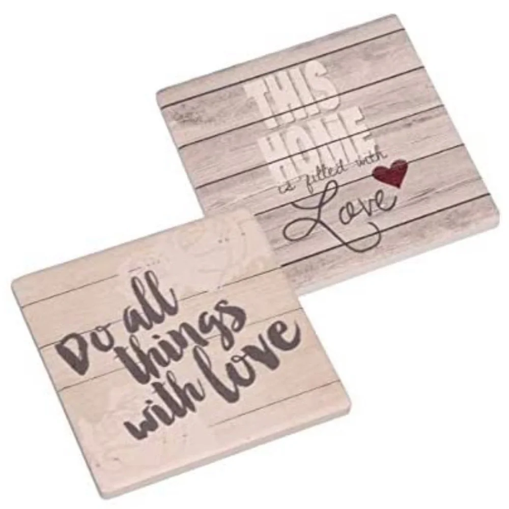 Farmhouse Coasters Inspirational Stone Coasters Home Love Family Neutral 4 PC